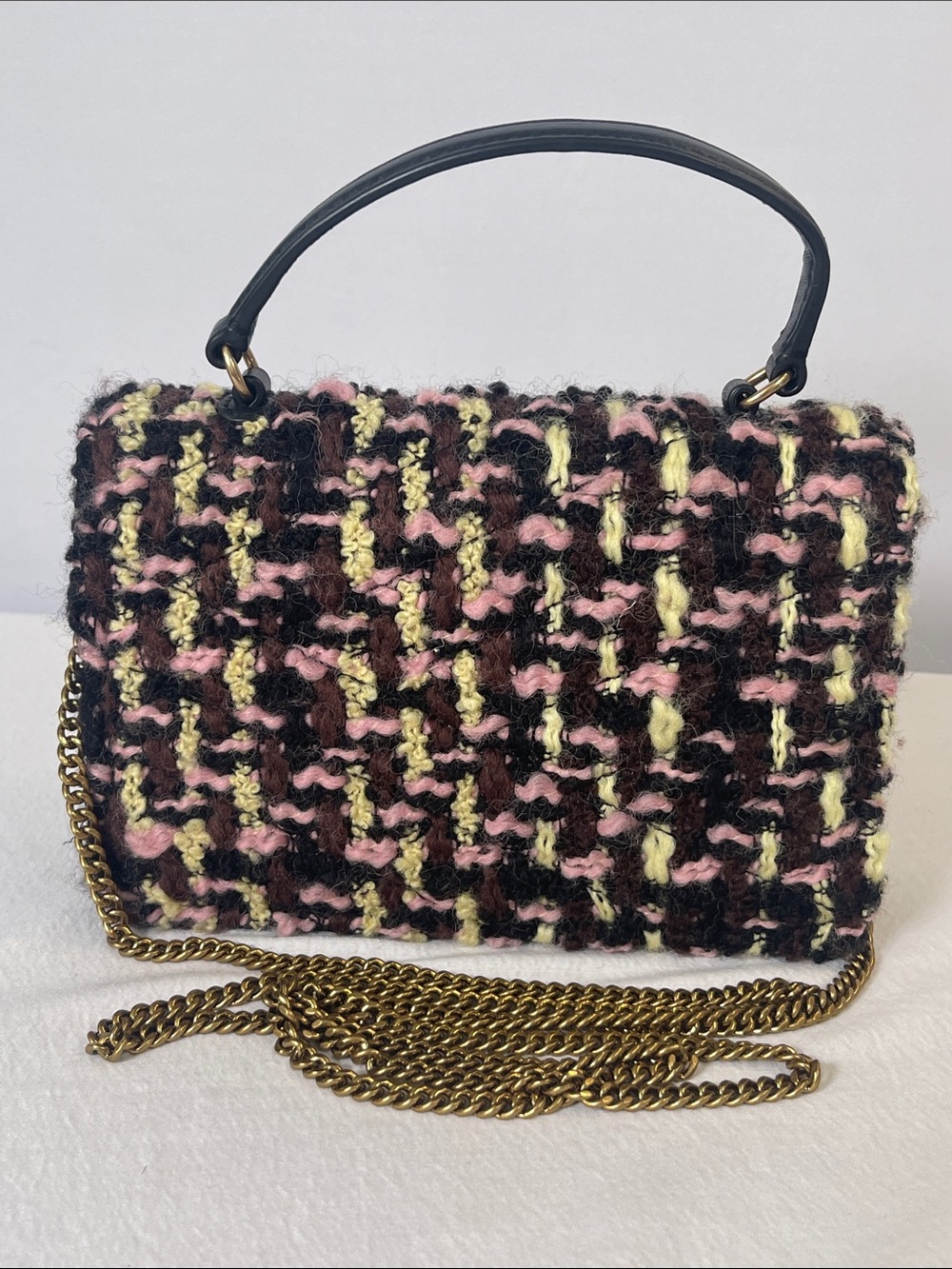 Tory Burch Kira Tweed Mini Flap Chain Shoulder Bag Pink Black Wool Crossbody - Picture 5 of 13